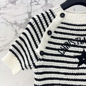 Dior Women Marinière Short-Sleeved Sweater White and Navy Blue Cotton and Silk Knit