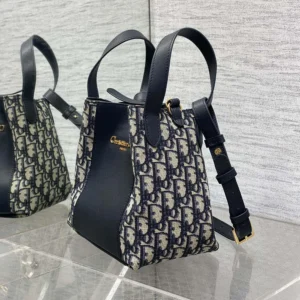 Dior Women Medium Signature Bucket Bag Blue Dior Oblique Jacquard and Smooth Calfskin