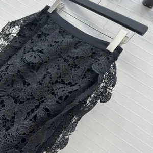 Dior Women Mid-Length Skirt Black Cotton-Blend Lace with Allover Butterfly Motif