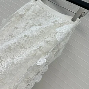 Dior Women Mid-Length Skirt Ecru Cotton-Blend Lace with Allover Butterfly Motif