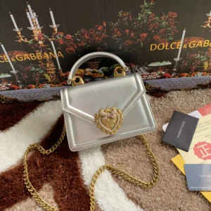 Dolce Gabbana D&G Women Medium Devotion Bag in Mordore Nappa Leather-Silver