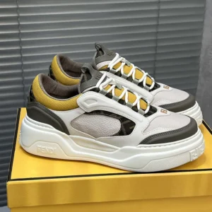 Fendi Unisex Fendi Force Sneakers White Brown and Yellow Leather Low-tops
