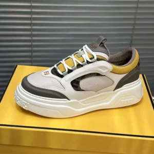 Fendi Unisex Fendi Force Sneakers White Brown and Yellow Leather Low-tops