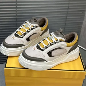 Fendi Unisex Fendi Force Sneakers White Brown and Yellow Leather Low-tops