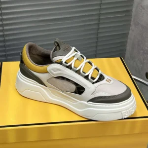 Fendi Unisex Fendi Force Sneakers White Brown and Yellow Leather Low-tops