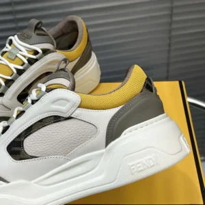 Fendi Unisex Fendi Force Sneakers White Brown and Yellow Leather Low-tops