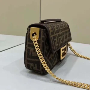 Fendi Women Baguette Chain MidiBrown FF Jacquard Fabric Bag