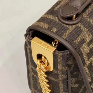 Fendi Women Baguette Chain MidiBrown FF Jacquard Fabric Bag