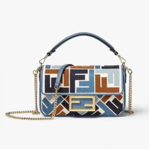 Fendi Women Baguette Mini Canvas Bag with Multicolor FF Embroidery