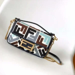 Fendi Women Baguette Mini Canvas Bag with Multicolor FF Embroidery