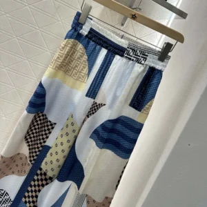 Fendi Women Blue Silk Pants with Patchwork Print FR6494AUQMF1SAT