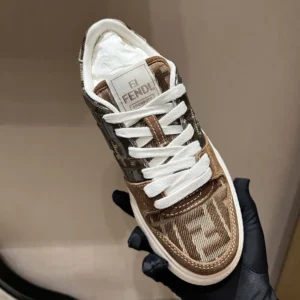 Fendi Women Match Brown Denim-effect FF Jacquard and Suede Platform Low Tops