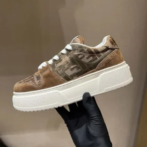 Fendi Women Match Brown Denim-effect FF Jacquard and Suede Platform Low Tops