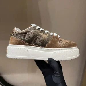 Fendi Women Match Brown Denim-effect FF Jacquard and Suede Platform Low Tops