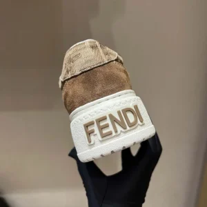 Fendi Women Match Brown Denim-effect FF Jacquard and Suede Platform Low Tops