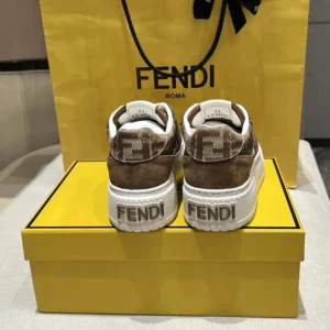 Fendi Women Match Brown Denim-effect FF Jacquard and Suede Platform Low Tops