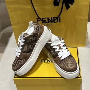 Fendi Women Match Brown Denim-effect FF Jacquard and Suede Platform Low Tops