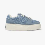 Fendi Women Match Denim-effect FF Jacquard and Light Blue Suede Platform Low Tops