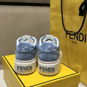 Fendi Women Match Denim-effect FF Jacquard and Light Blue Suede Platform Low Tops