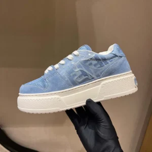 Fendi Women Match Denim-effect FF Jacquard and Light Blue Suede Platform Low Tops