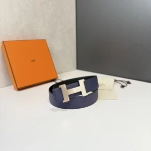 Hermes Unisex H Belt Buckle & Reversible Leather Strap 32 mm-Black/Navy