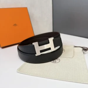 Hermes Unisex H Belt Buckle & Reversible Leather Strap 32 mm-Black/Silver