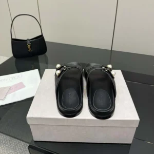 Jimmy Choo Women Fayence Sandal Black Leather Flat Sandals with Pearl Embellishment