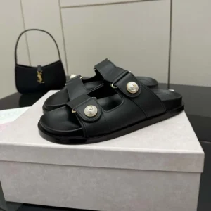 Jimmy Choo Women Fayence Sandal Black Leather Flat Sandals with Pearl Embellishment