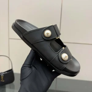 Jimmy Choo Women Fayence Sandal Black Leather Flat Sandals with Pearl Embellishment