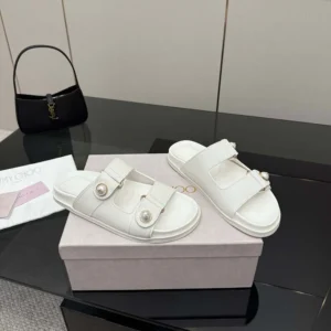 Jimmy Choo Women Fayence Sandal Latte Leather Flat Sandals with Pearl Embellishment