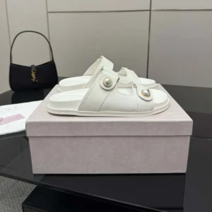 Jimmy Choo Women Fayence Sandal Latte Leather Flat Sandals with Pearl Embellishment