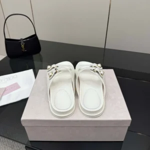 Jimmy Choo Women Fayence Sandal Latte Leather Flat Sandals with Pearl Embellishment