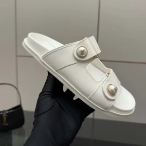 Jimmy Choo Women Fayence Sandal Latte Leather Flat Sandals with Pearl Embellishment