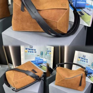 Loewe Unisex Puzzle Bag in Suede Calfskin-Brown