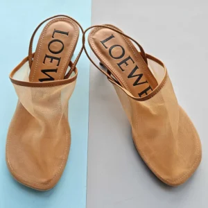 Loewe Women Petal Slingback Heel Sandal in Mesh-Tan LLSP379X01