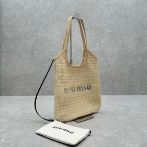 Miu Miu Women IVY Raffia-Effect and Linen Bag 5BG231