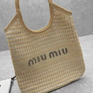 Miu Miu Women IVY Raffia-Effect and Linen Bag 5BG231