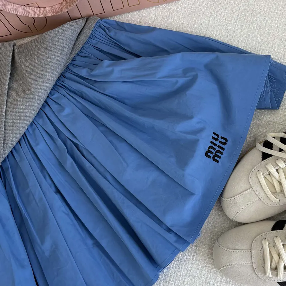Miu Miu Women Poplin and Jersey Miniskirt-Blue 9 Miu Miu Women Poplin and Jersey Miniskirt-Blue