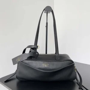 Prada Women Carrie Bowling Bag Small in Black Calfskin