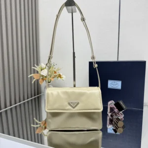 Prada Women Small Padded Re-Nylon Shoulder Bag-Beige
