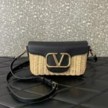 Valentino Women Garavani Locò VLOGO Flap Straw Shoulder Bag-Black