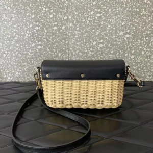 Valentino Women Garavani Locò VLOGO Flap Straw Shoulder Bag-Black