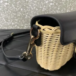 Valentino Women Garavani Locò VLOGO Flap Straw Shoulder Bag-Black
