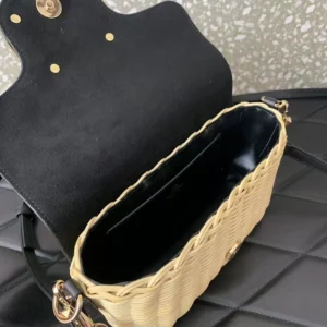Valentino Women Garavani Locò VLOGO Flap Straw Shoulder Bag-Black