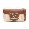 Valentino Women Garavani Locò VLOGO Flap Straw Shoulder Bag-Brown