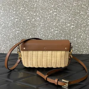 Valentino Women Garavani Locò VLOGO Flap Straw Shoulder Bag-Brown