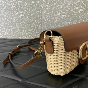 Valentino Women Garavani Locò VLOGO Flap Straw Shoulder Bag-Brown