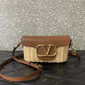 Valentino Women Garavani Locò VLOGO Flap Straw Shoulder Bag-Brown