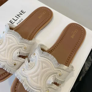Celine Women Marina Mule in Fringed Canvas-White 362675018C