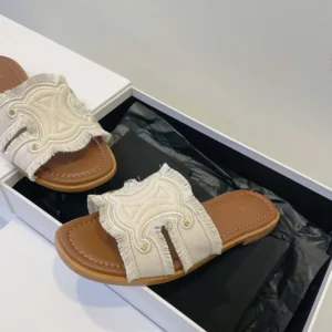 Celine Women Marina Mule in Fringed Canvas-White 362675018C